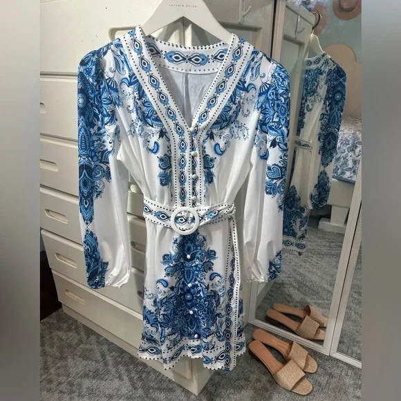 Coastal Paisley Print Floral Long Sleeve Pearl Button Summer Belted Dress✨ - Picture 4 of 7